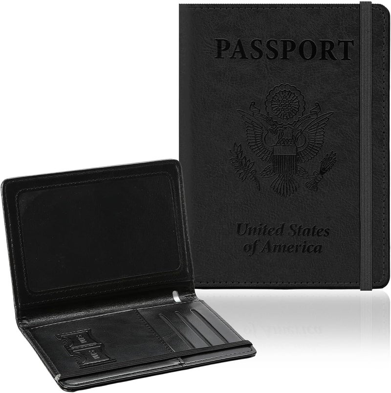 RHOttbiy Passport Holder for Travel, RFID Blocking Passport Cover with Pen Holder Leather Passport Wallet Case Travel Must Haves Accessories Passport Book Card Holder for Family Travel Essentials Gifts, Black - Image 1